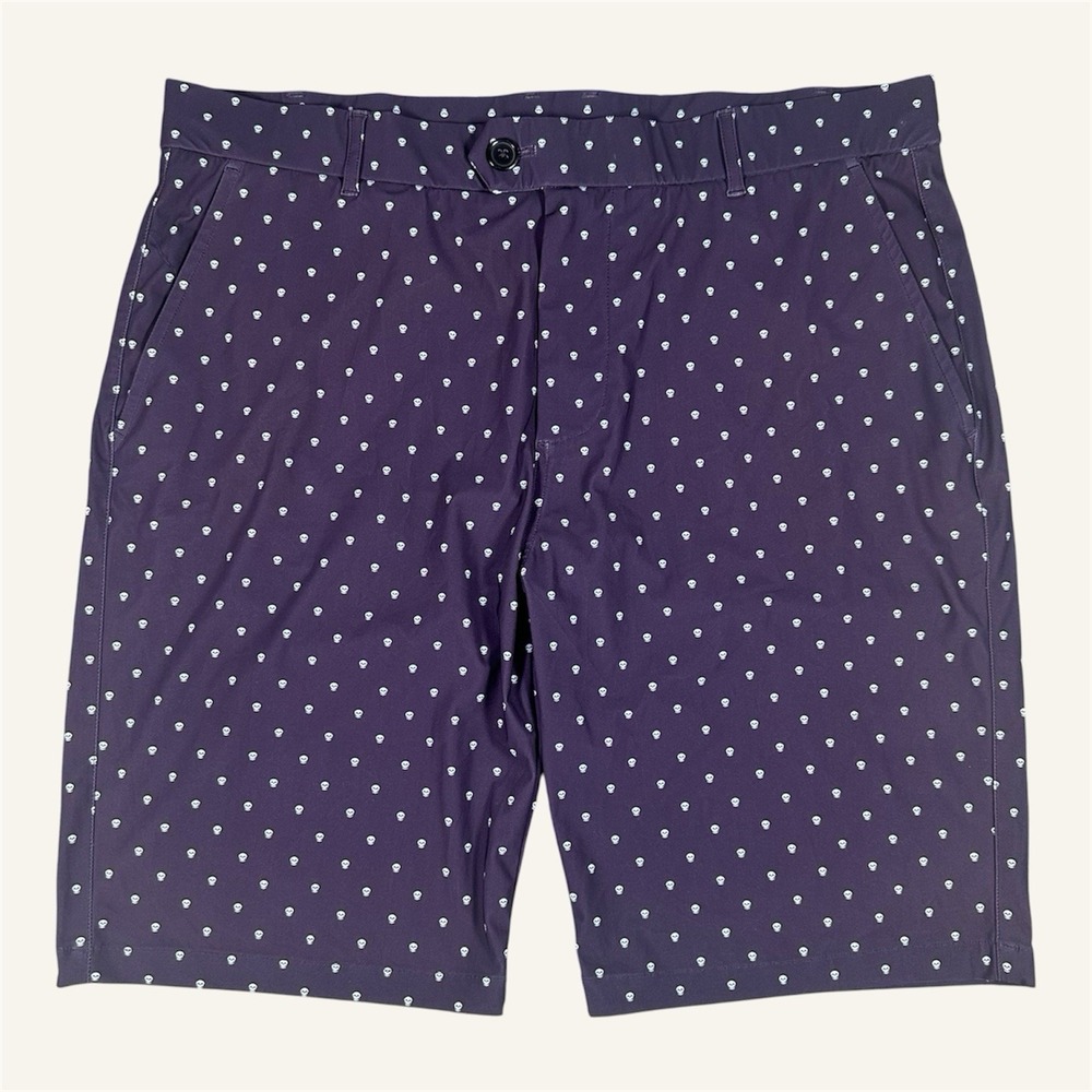 Greyson Montauk Shorts Mens 36 Purple Skull AOP Performance 10" Inseam Golf GUC